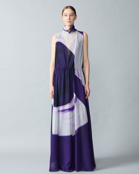 Langes Seidenkleid in A-Linie mit Purple Loop Druck