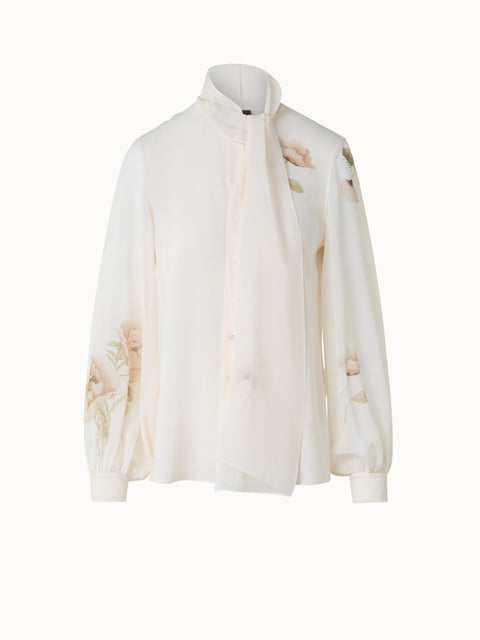 Seidenbluse mit Schleife und Anemone Druck