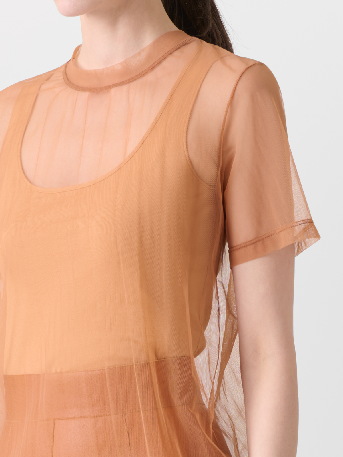 Designer Transparentes Tüll-T-Shirt mit Tanktop - Braun