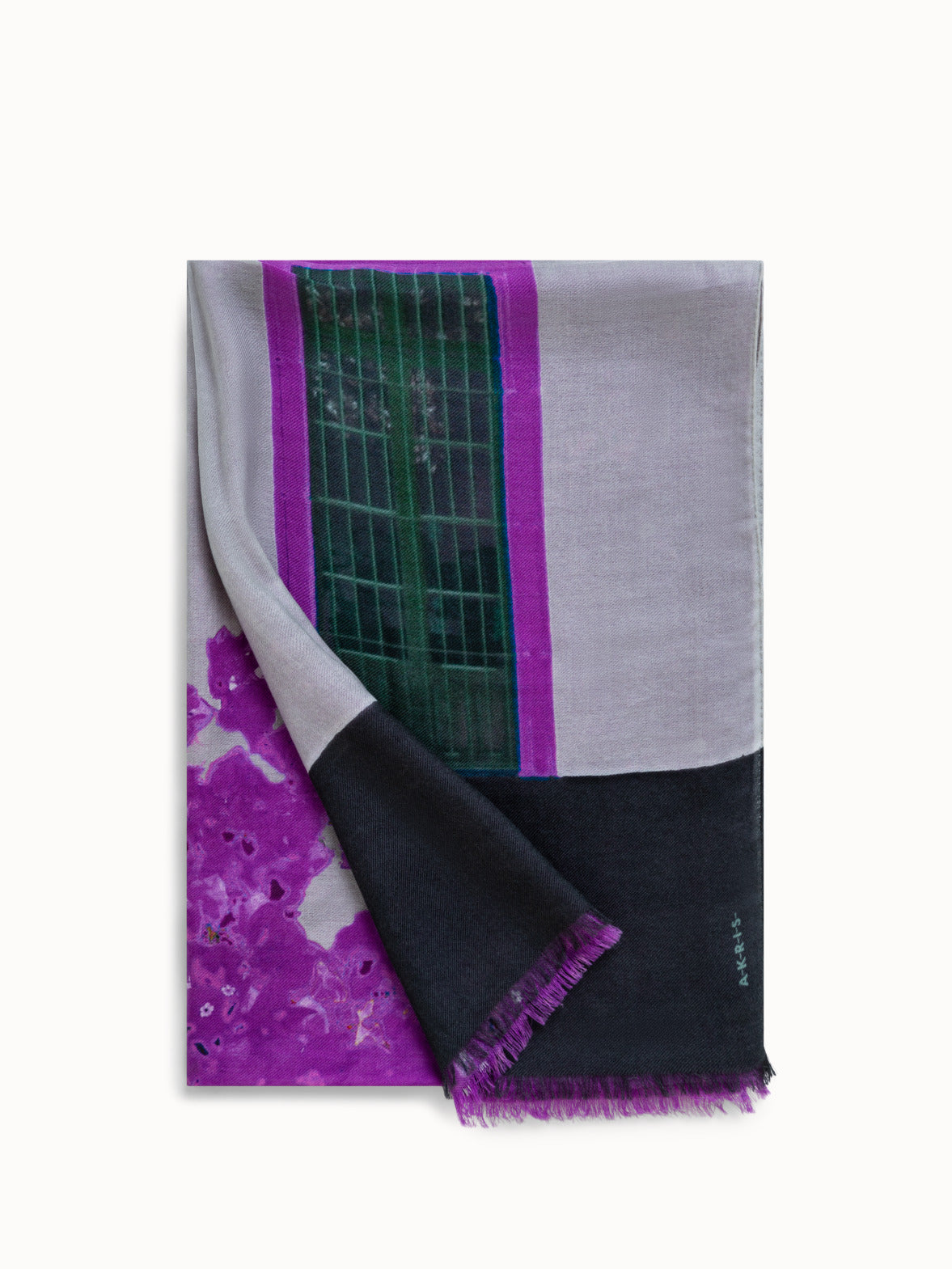 Scarf in Cashmere and Silk with Bougainvillea Porta Print - black - grey - purple