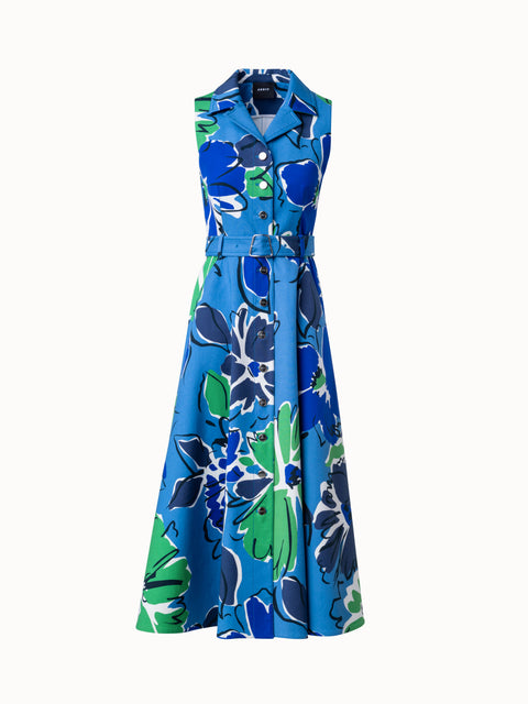 Midi-Kleid aus Baumwoll-Seiden-Doubleface mit Sketched Abraham Flower Druck