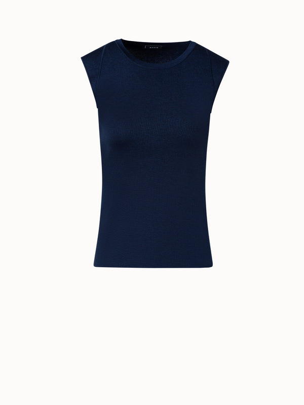 Sleeveless Silk Stretch Knit Top with Crew Neck - blue