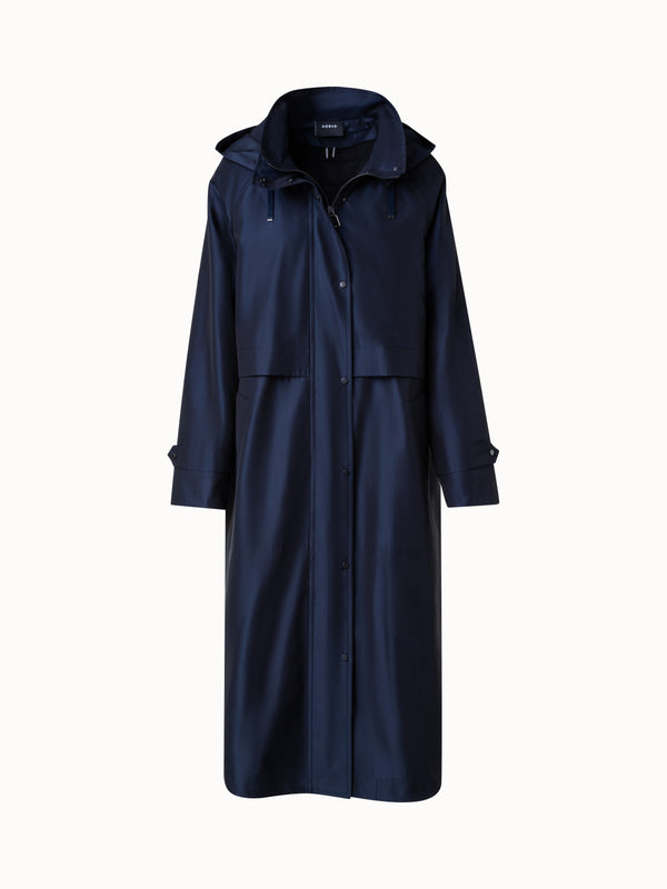 Water Repellent Long Silk Taffeta Coat - blue - navy