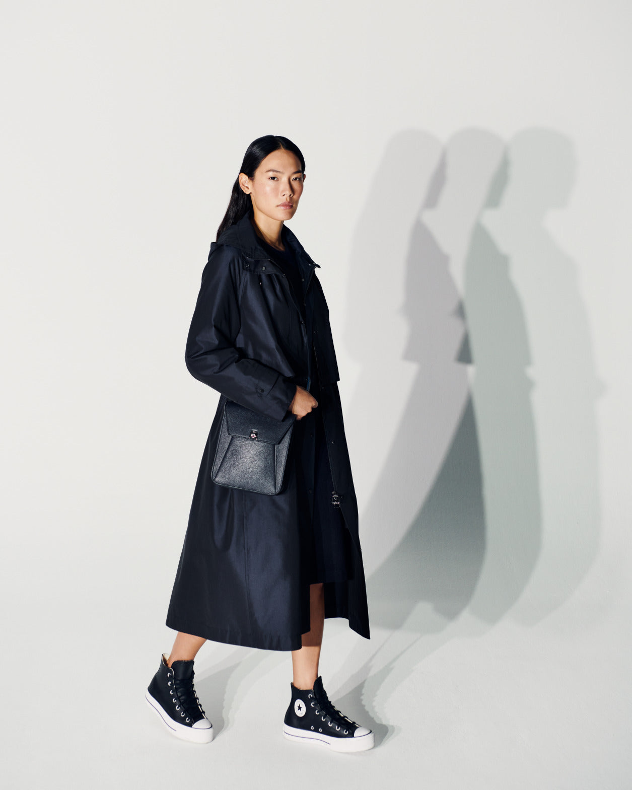 Water Repellent Long Silk Taffeta Coat - blue - navy