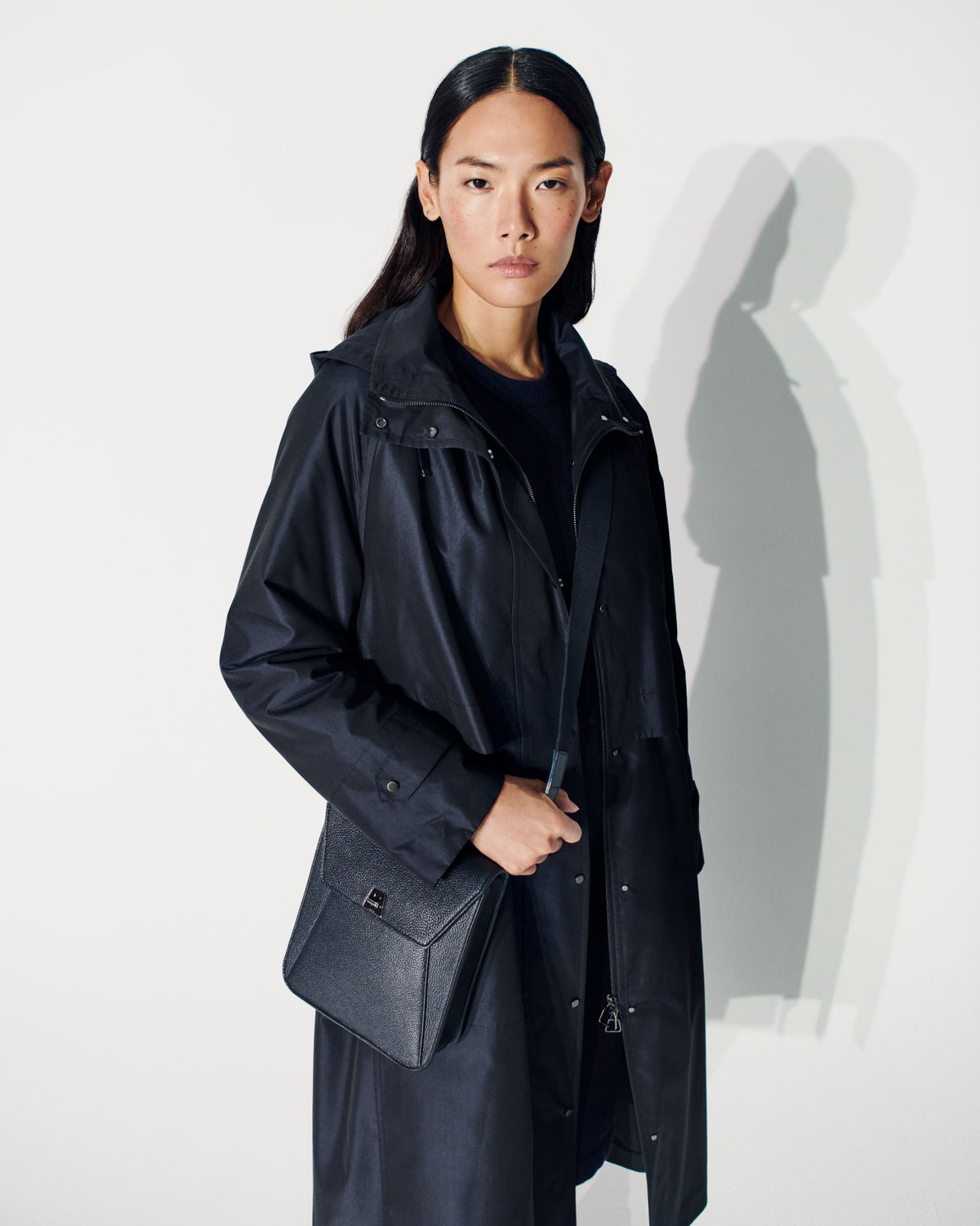Water Repellent Long Silk Taffeta Coat - blue - navy