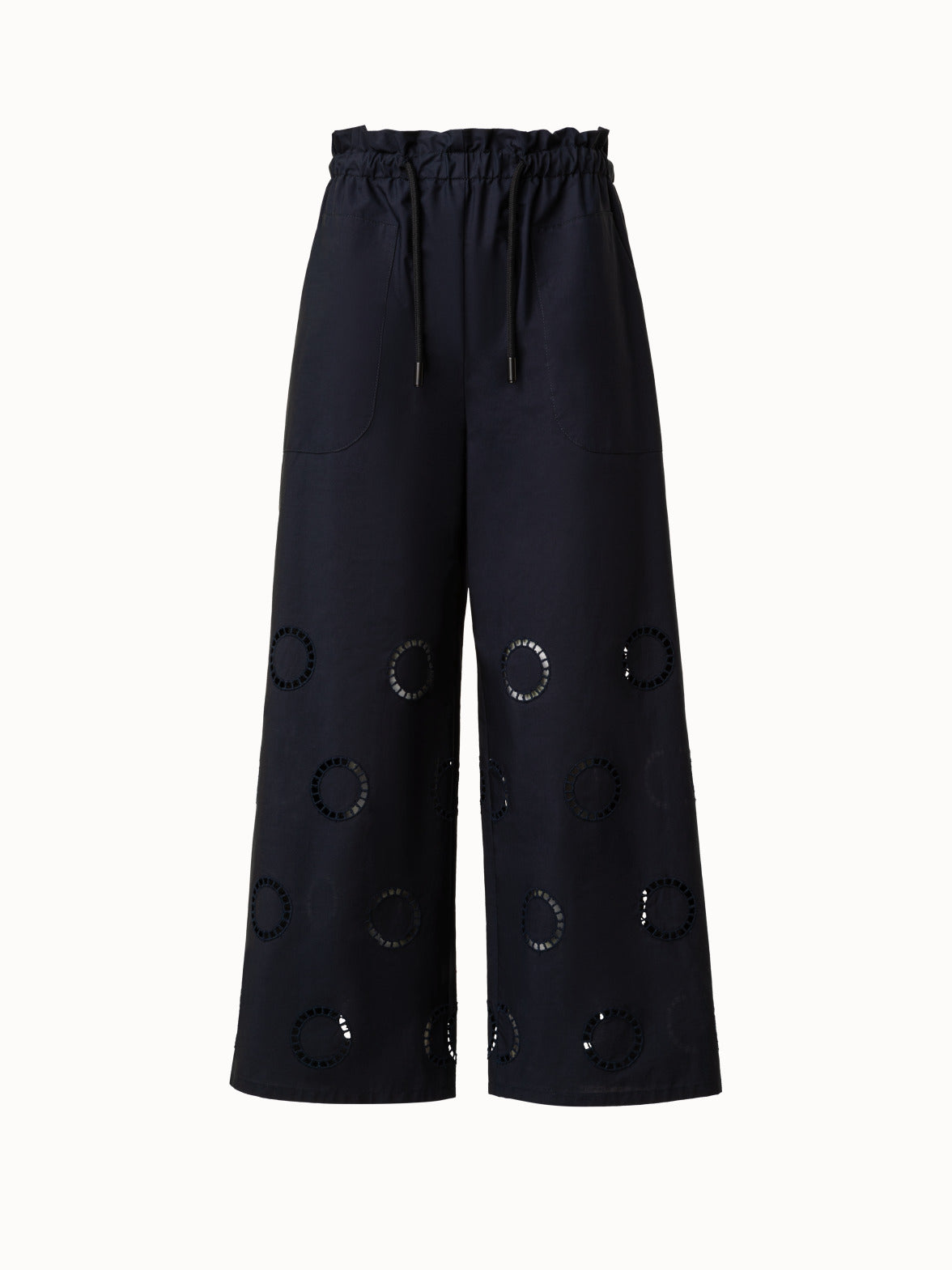 Cropped Cotton Wide Leg Pants with Circle Embroidery - blue - navy