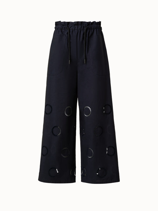 Cropped Cotton Wide Leg Pants with Circle Embroidery - blue - navy