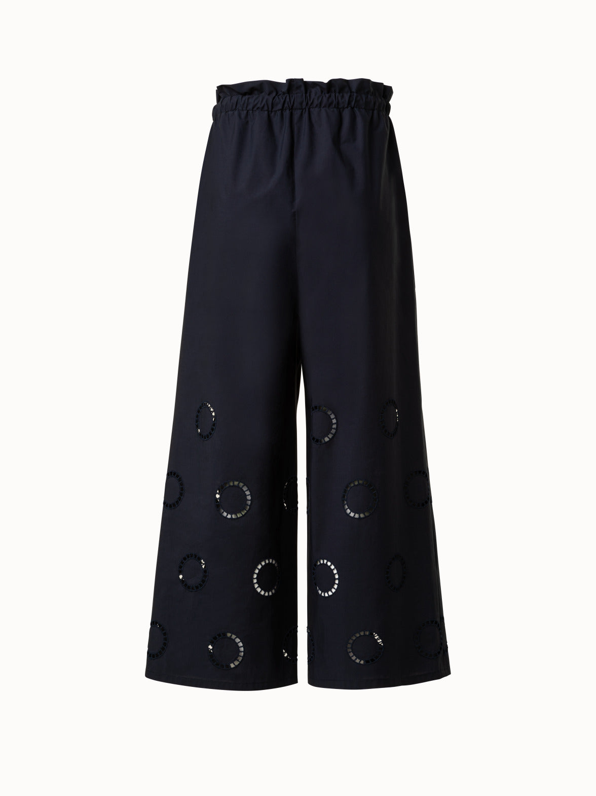Cropped Cotton Wide Leg Pants with Circle Embroidery - blue - navy