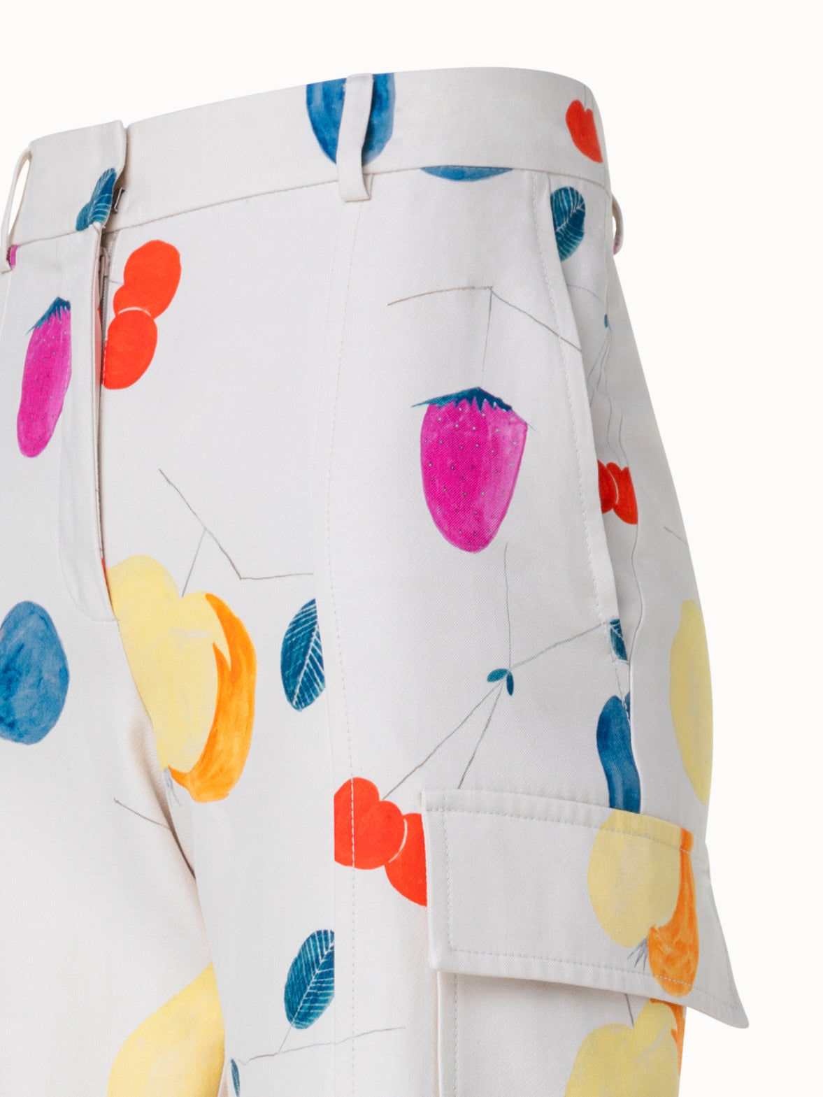 Cotton Silk Double Face Cargo Pant with Fruits Print - ecru - multicolor