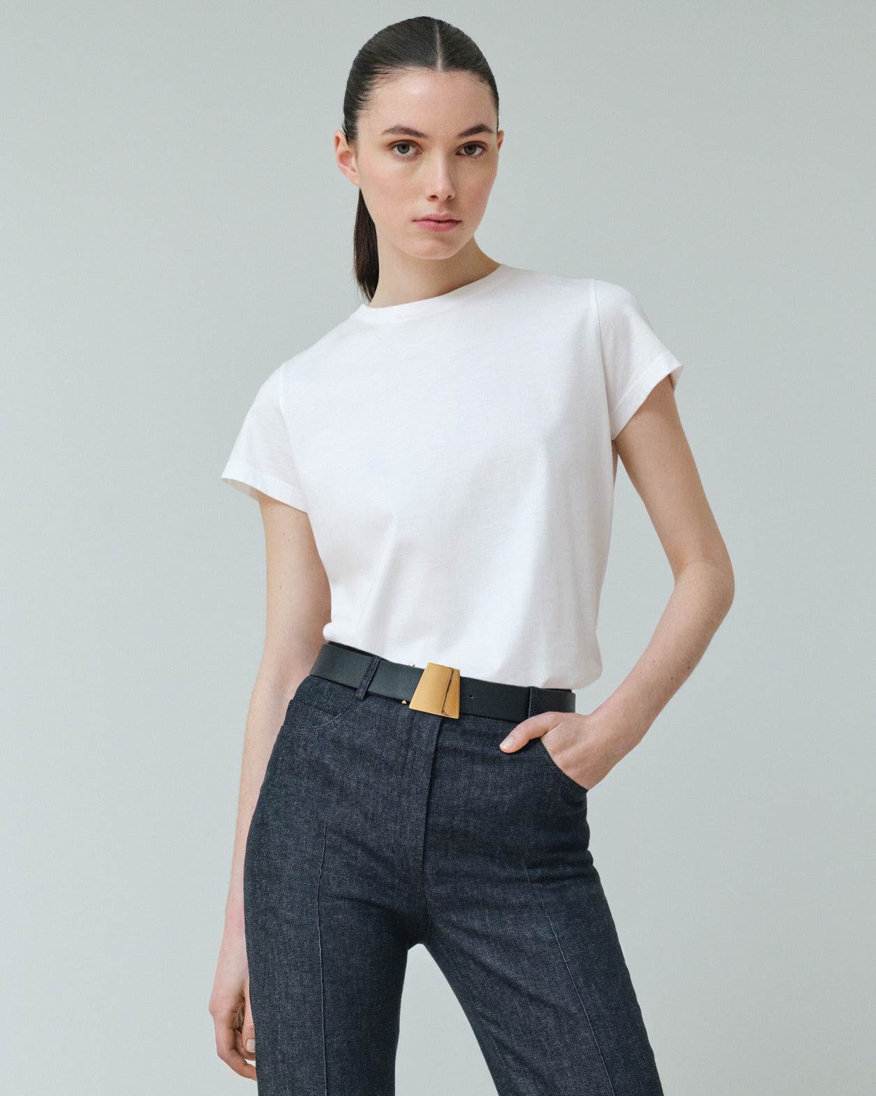 Leather Belt with Trapezoid Buckle - navy - blue