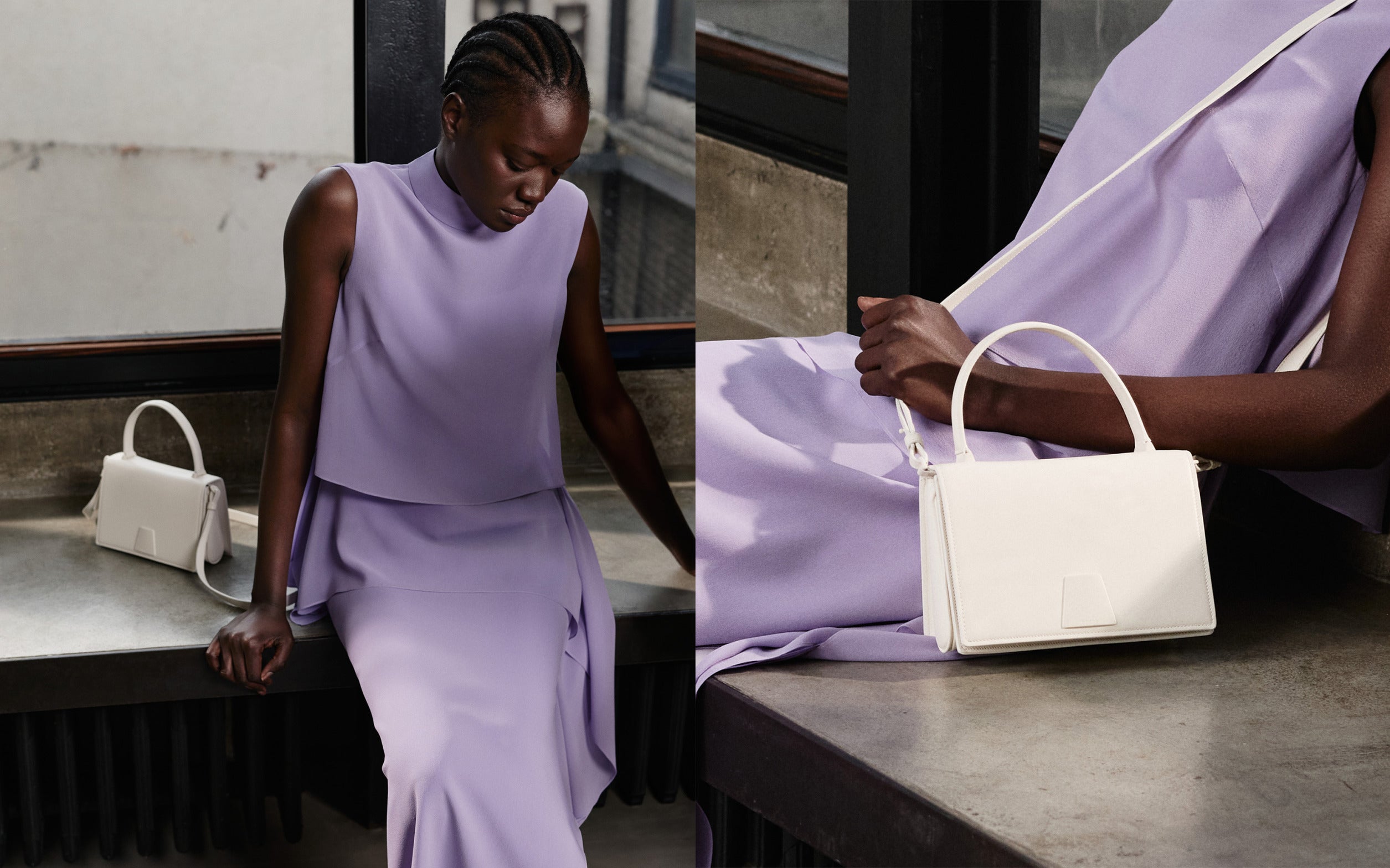 Model zeigt ein ärmelloses lavendelfarbenes Top mit passendem Rock in der Trendfarbe der Saison aus der Akris Pre-Fall 2026 Kollektion. Kombiniert mit einer strukturierten weißen Ledertasche für einen modernen Luxus-Look.