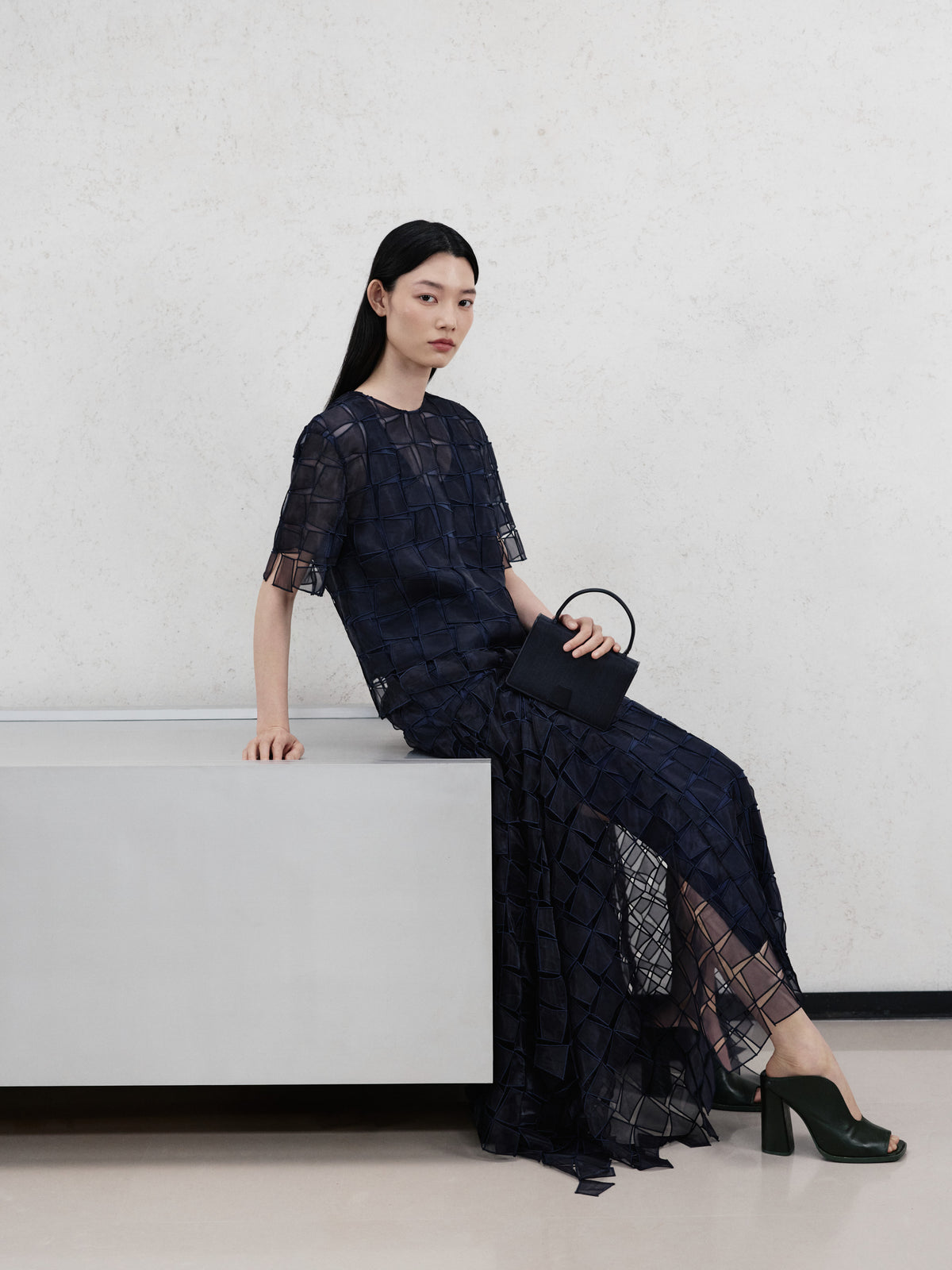 Erleben Sie die Abendgala-Eleganz della Akris Pre-Fall Kollektion mit einer tiefblauen Robe, die durch ein kunstvolles, transparentes Karomuster fasziniert. Perfekt ergänzt durch eine strukturierte, schwarze Luxushandtasche strahlt dieser Look moderne Raffinesse aus. Entdecken Sie erlesene Texturen und meisterhafte Schweizer Schneiderkunst.