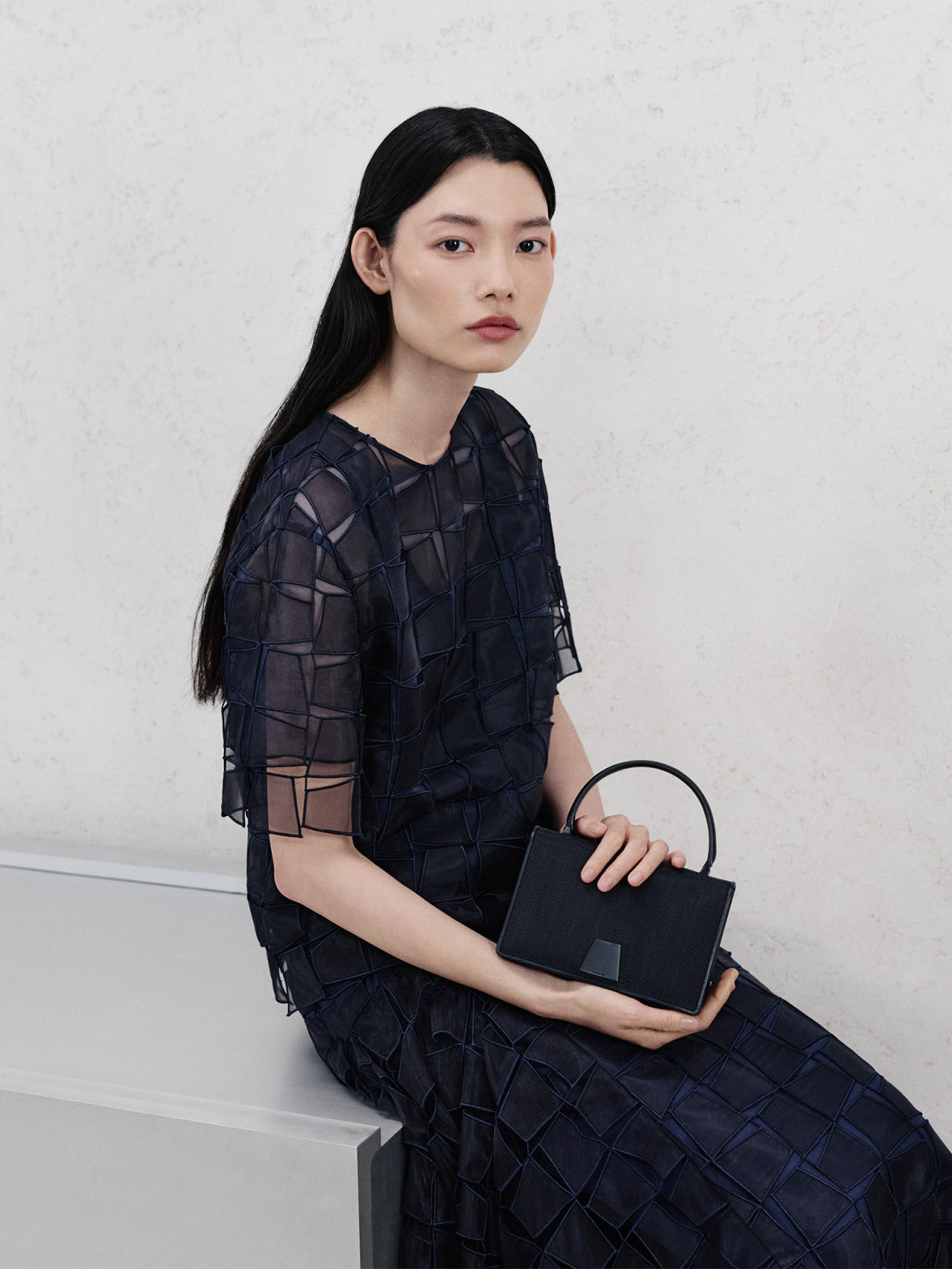 Akris Pre-Fall 2026 Kollektion mit einem transparenten, dunkelblauen Patchwork-Oberteil und passendem Rock. Der Look wird durch eine strukturierte schwarze Lederhandtasche mit Henkel vor einem minimalistischen, cremefarbenen Hintergrund ergänzt.