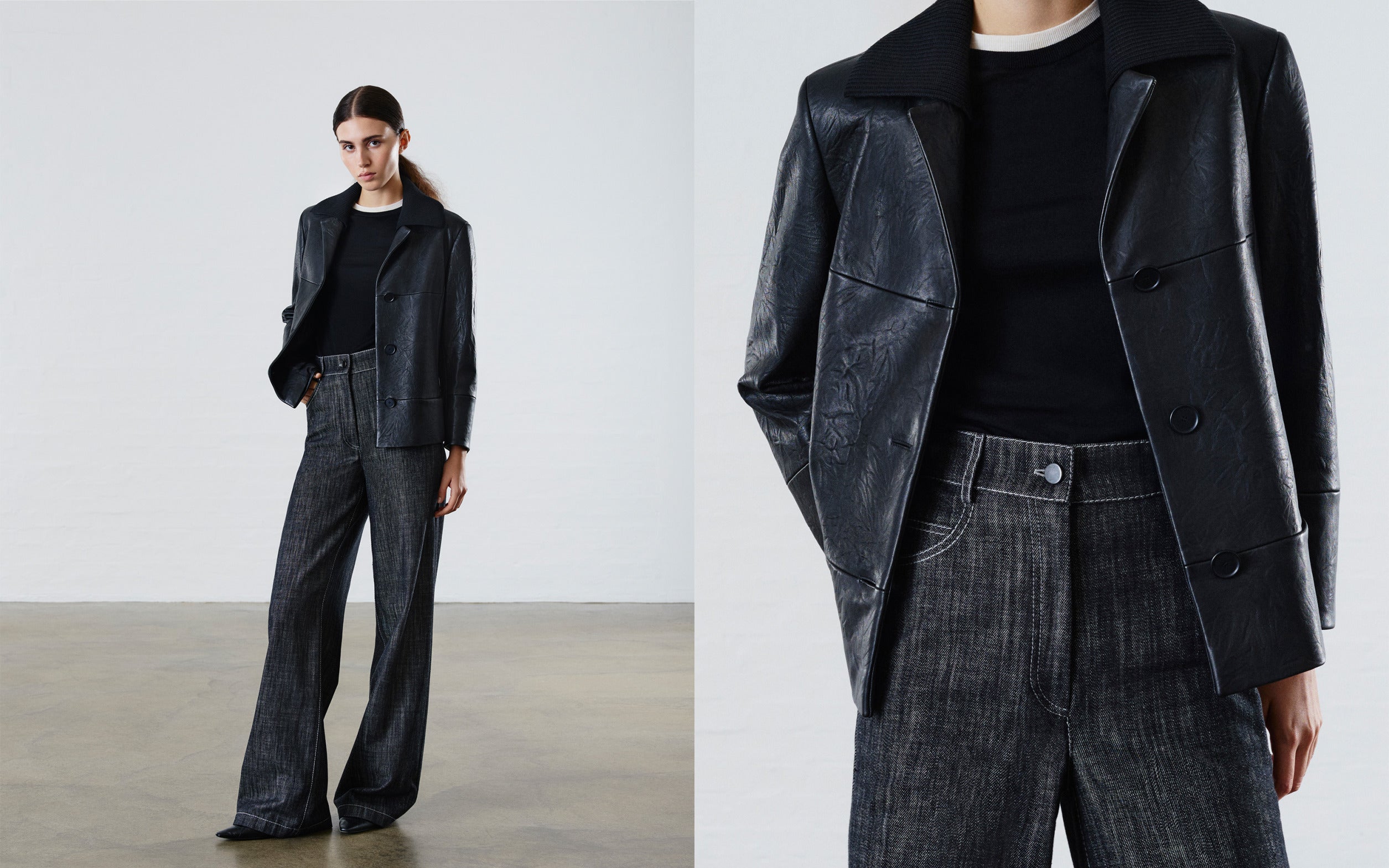 "Denim Vibes" Kampagne: Hochwertige schwarze Lederjacke mit Strickkragen kombiniert mit einer dunkelgrauen High-Waist-Jeans aus strukturierter Baumwolle.