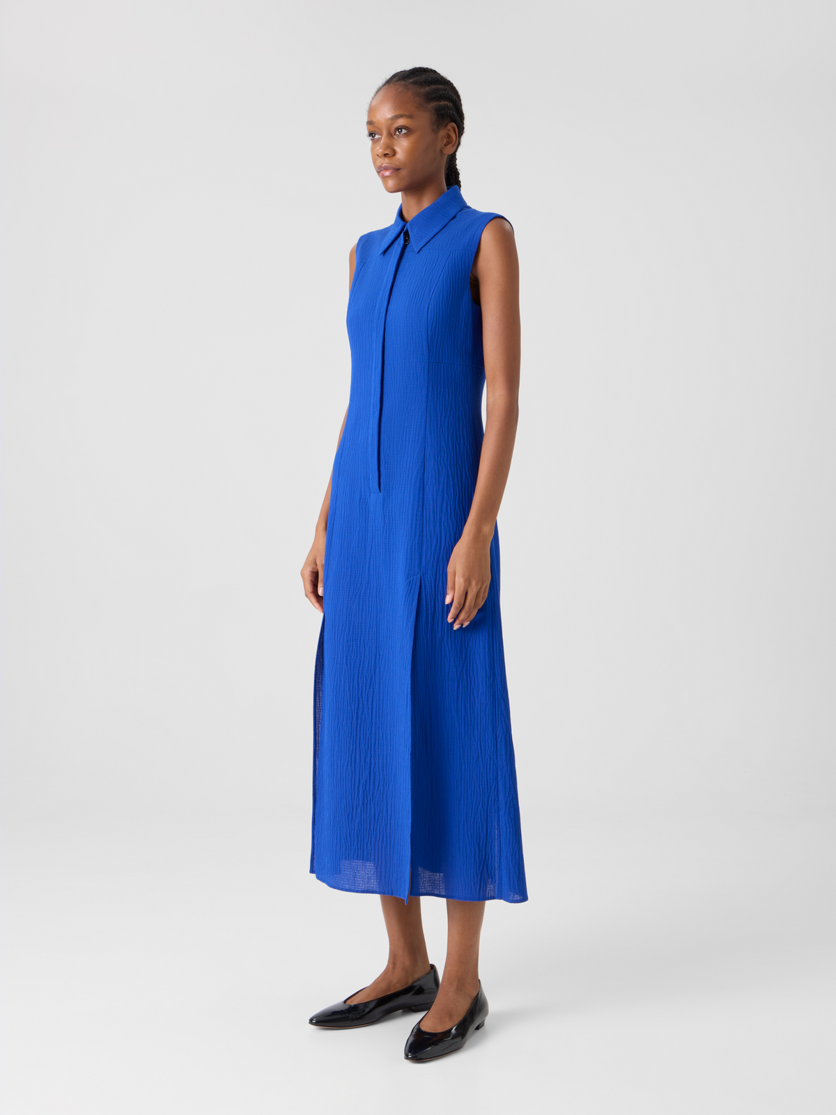 Designer Midi-Hemdblusenkleid aus strukturierter Baumwollseide - Blau #editorial
