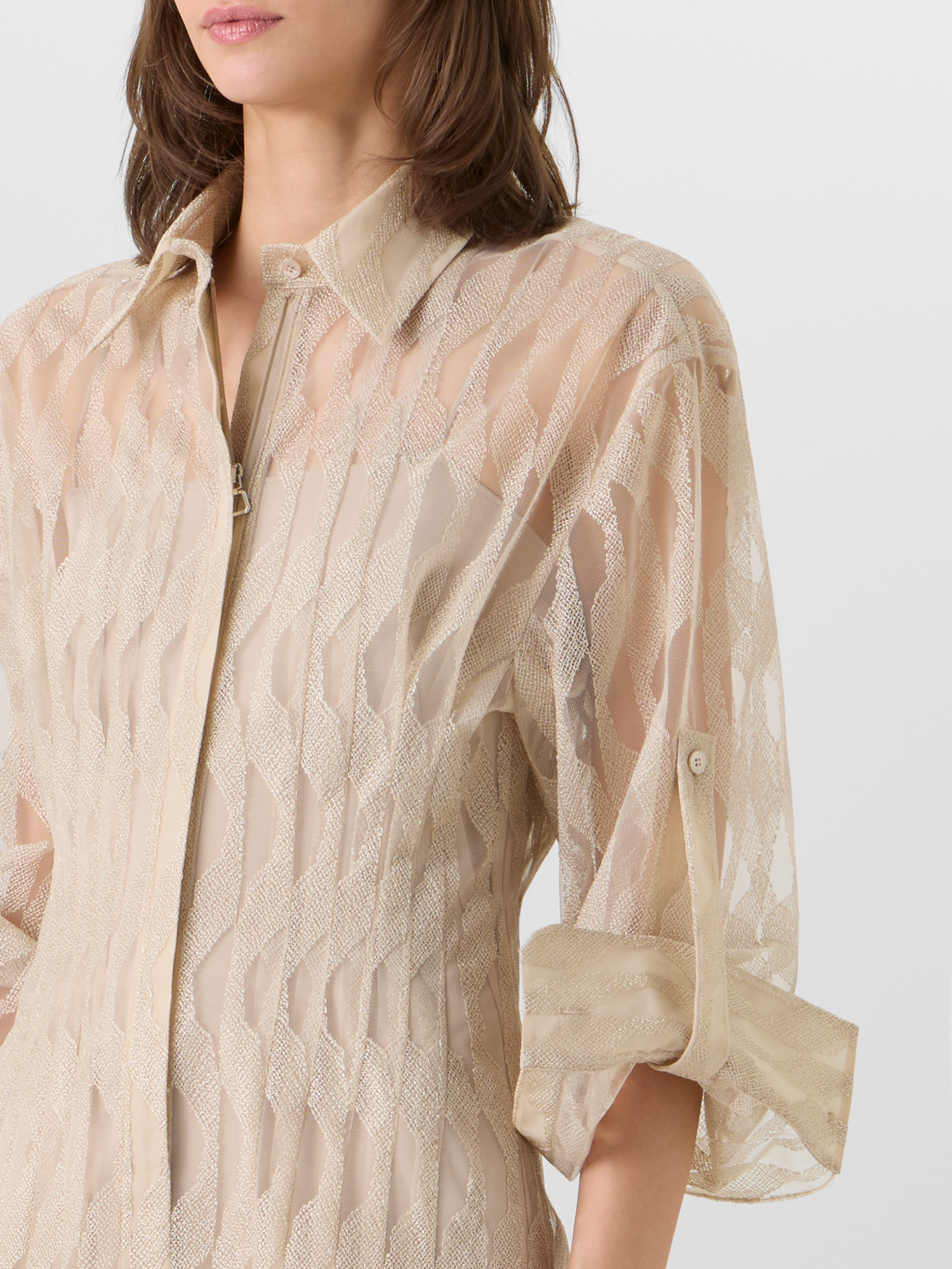 Designer Midi-Hemdblusenkleid mit High Plains Stickerei auf Tüll - Beige 