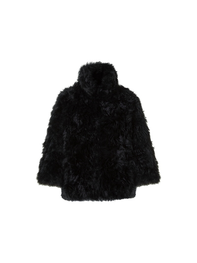 Designer Boxy Lammfell Jacke mit 3/4 Ärmel - Schwarz
