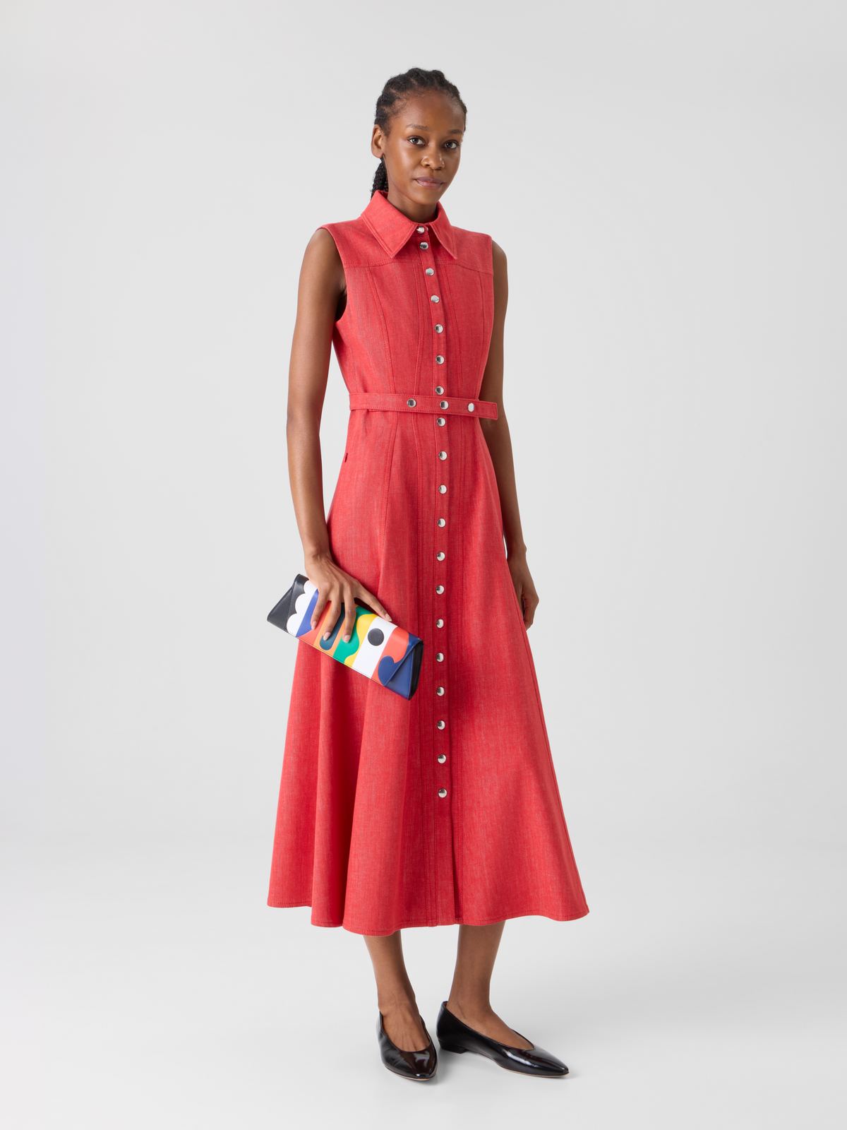 Designer Tailliertes ausgestelltes Midikleid aus Denim - Rot #editorial