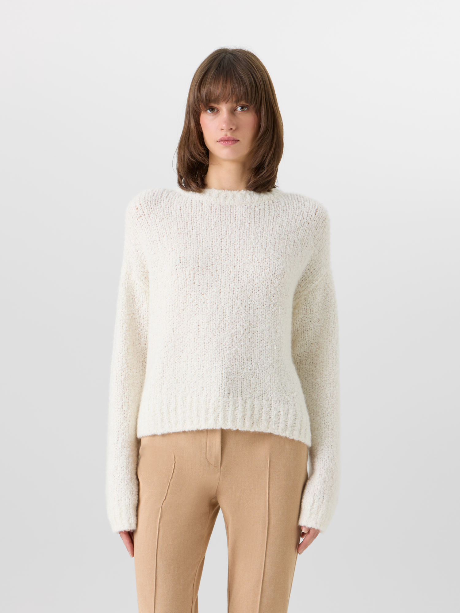 Designer Langärmeliger Strickpullover aus Kaschmir-Seide-Bouclé - Ecru 