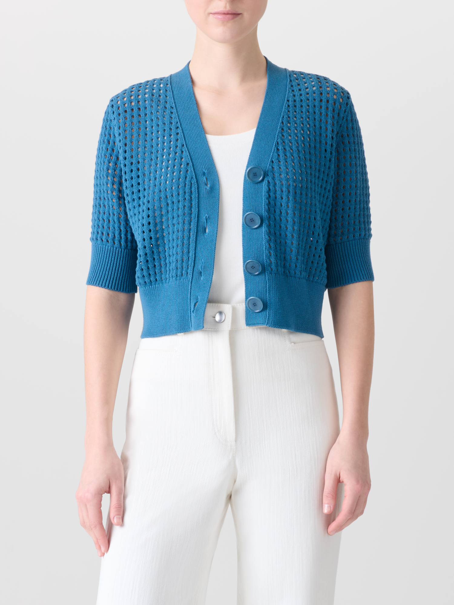 Designer Kurzer Cardigan aus grobem Baumwollmesh - Blau 