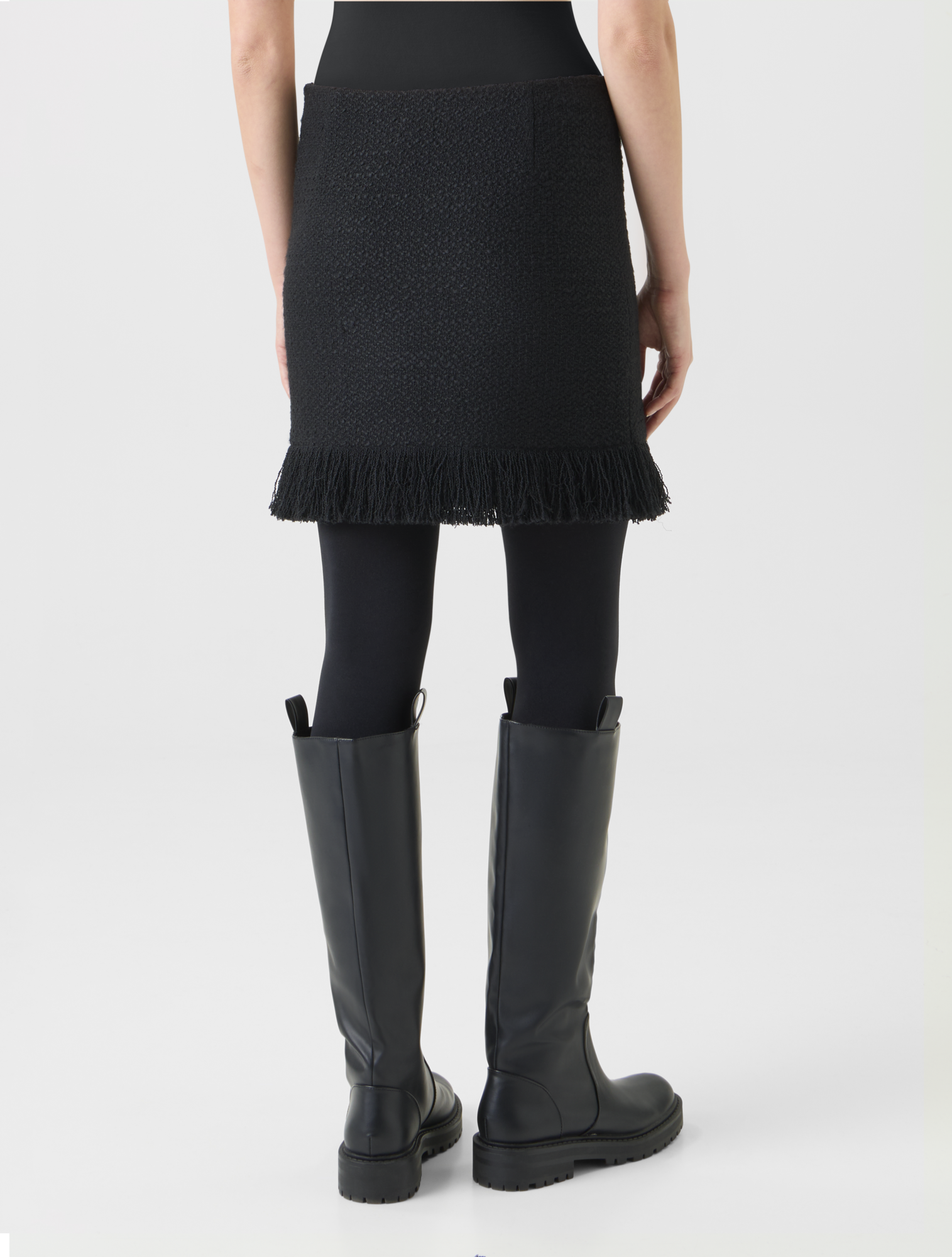 Designer Tweed Bouclé Fransen Saum Minirock - Schwarz 