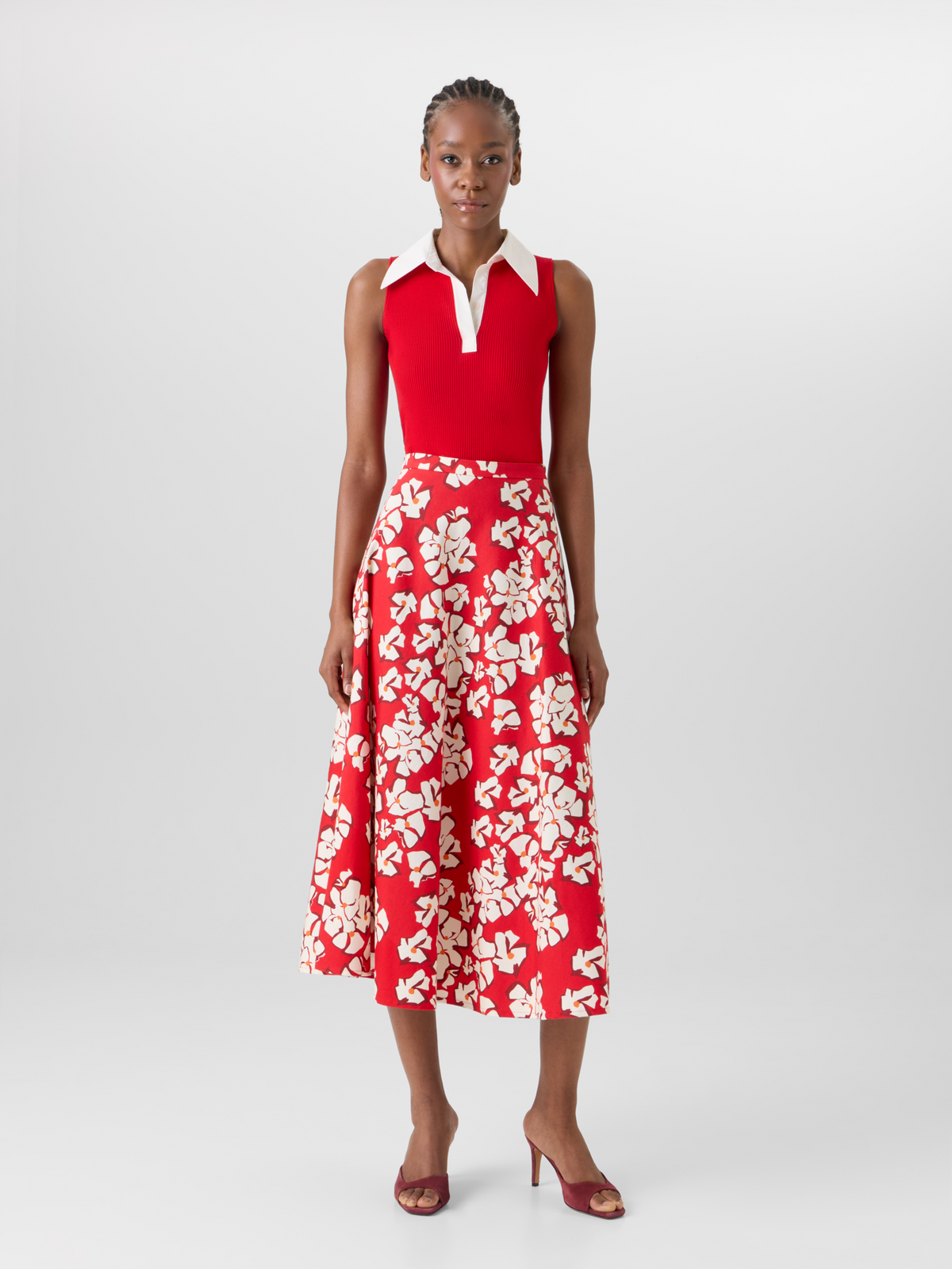 Designer Ausgestellter Midi-Rock mit Papercut Flower Print - Rot #editorial