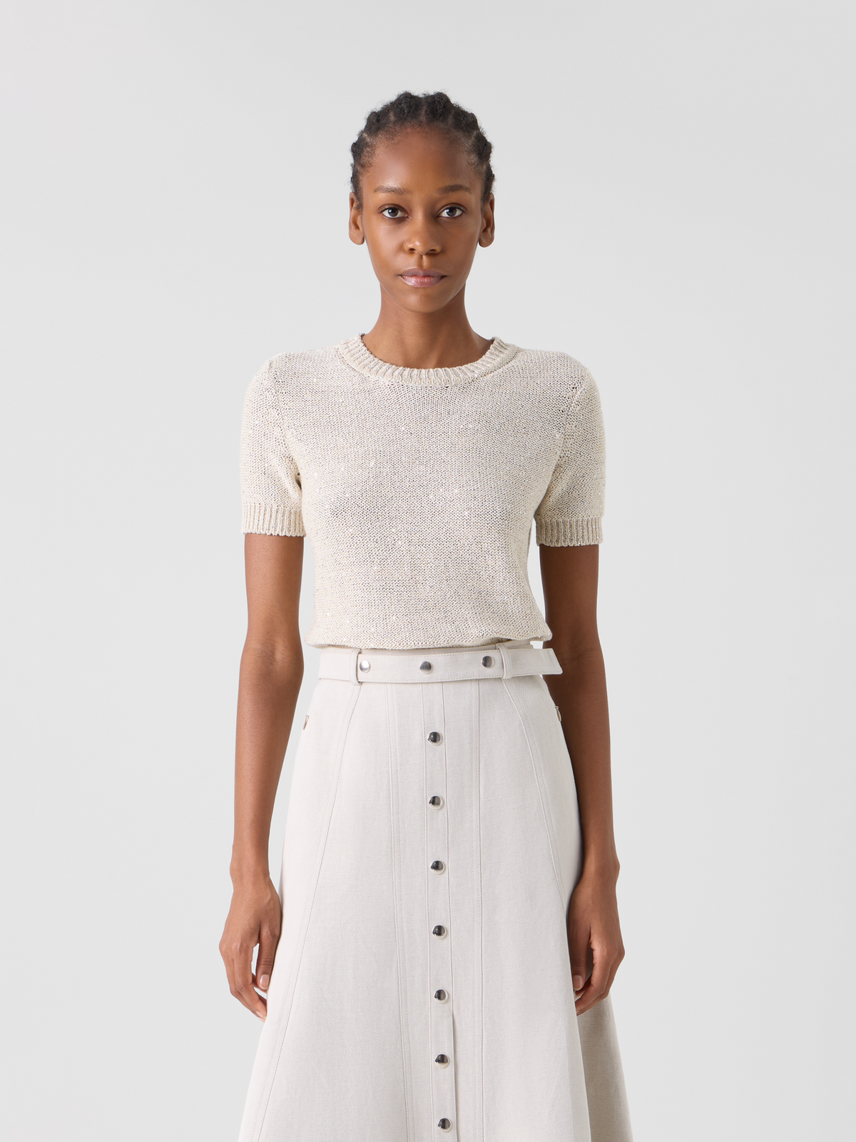 Designer Kurzärmliger Leinen-Baumwoll-Pullover mit Pailletten - Beige