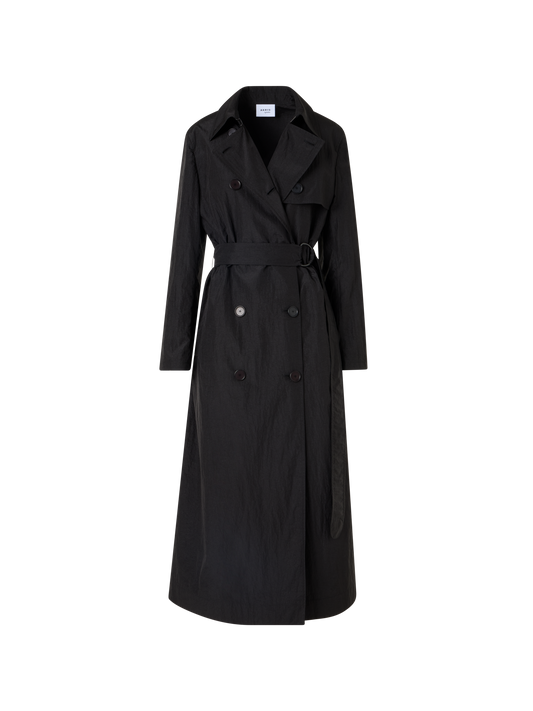 Designer Langärmeliger, langer Trenchcoat aus Crinkled-Parachute-Taft - Schwarz
