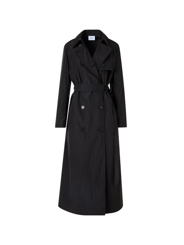 Designer Langärmeliger, langer Trenchcoat aus Crinkled-Parachute-Taft - Schwarz