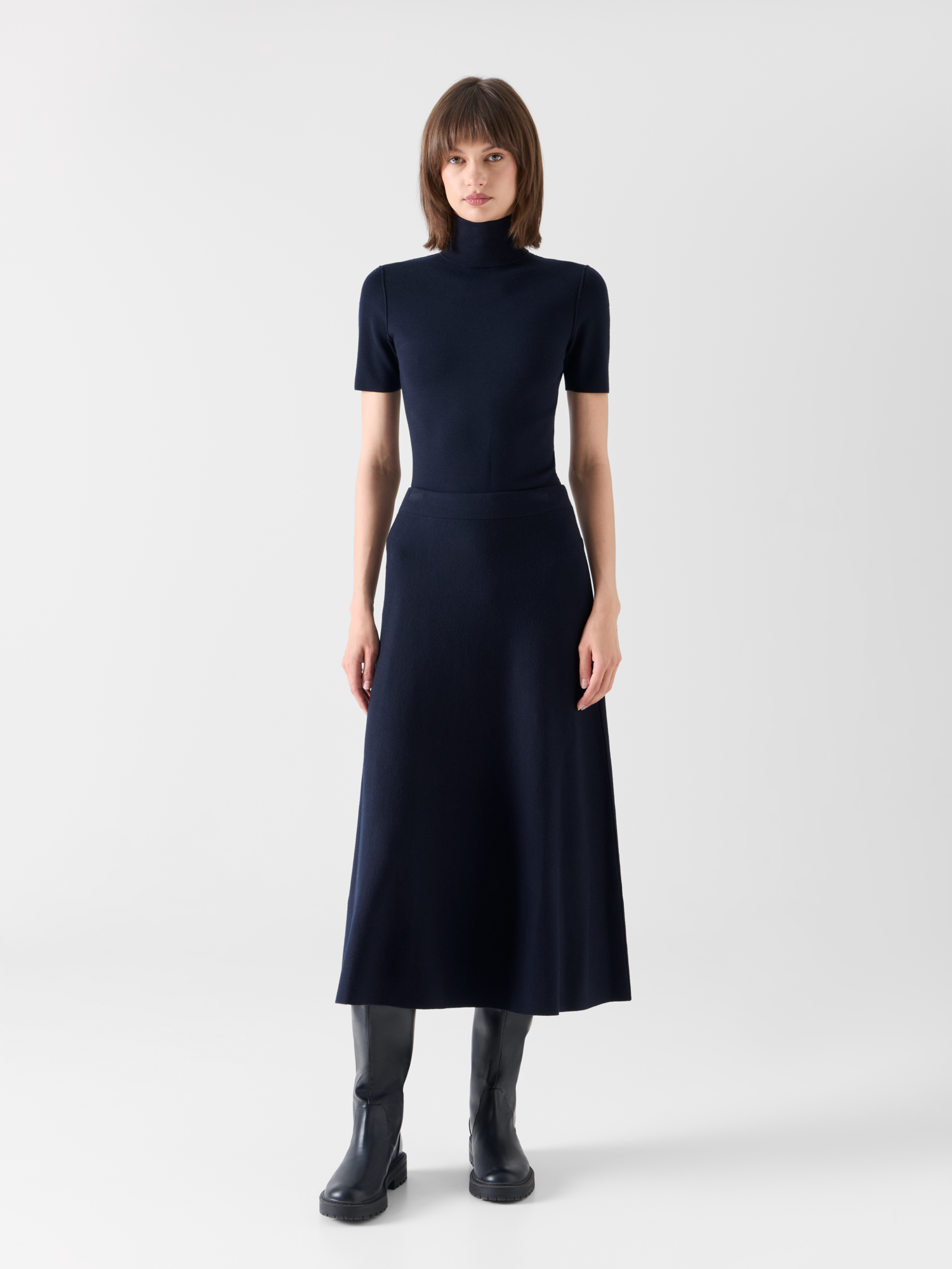 Designer Kurzarm-Pullover aus Woll-Milano-Strick - Dunkelblau 