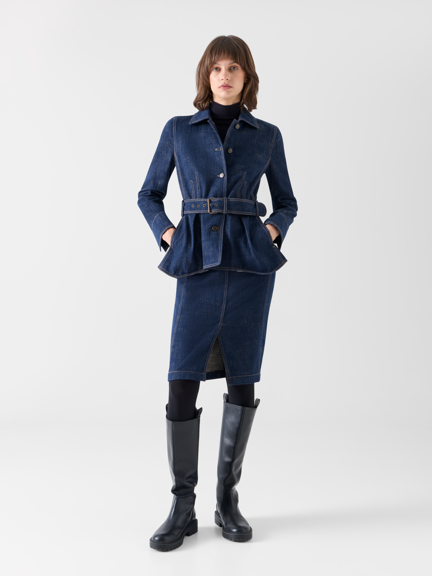 Designer Bleistiftrock aus Winter-Denim mit hohem Bund - Dunkelblau - Blau 