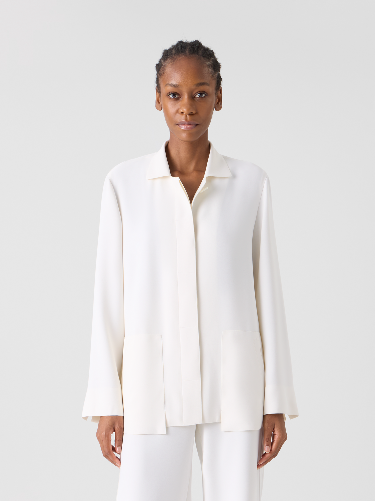 Designer Harp lange Jacke aus Techno-Crêpe mit aufgesetzter Tasche - Ecru 