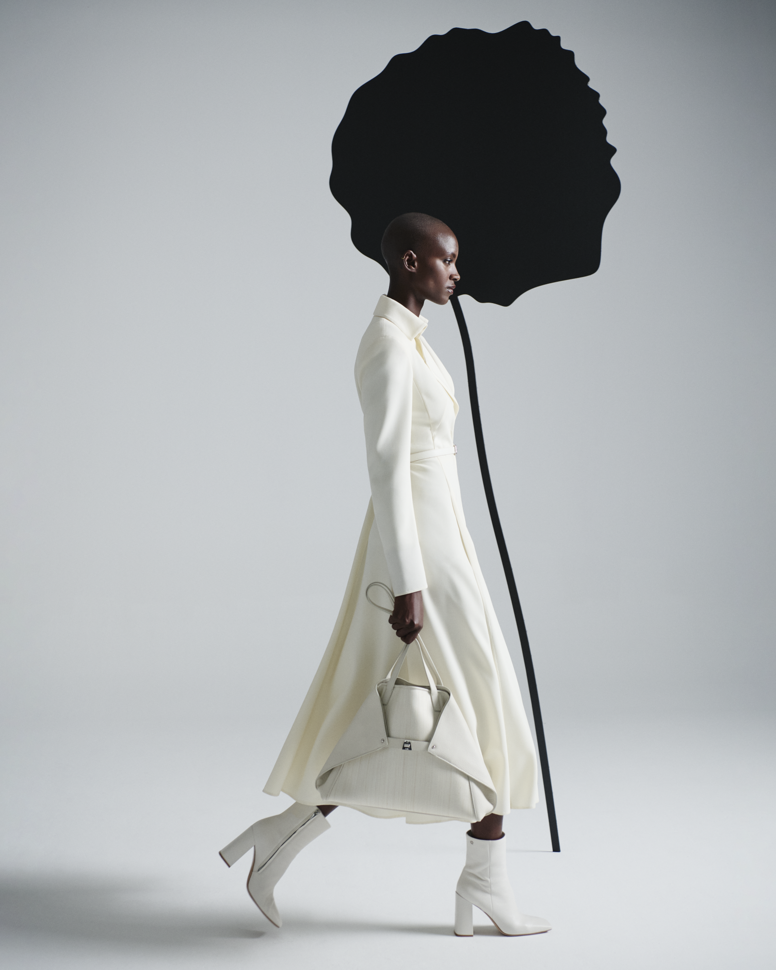 Designer Midikleid mit Gürtel aus Woll-Doubleface - Ecru - Weiss 