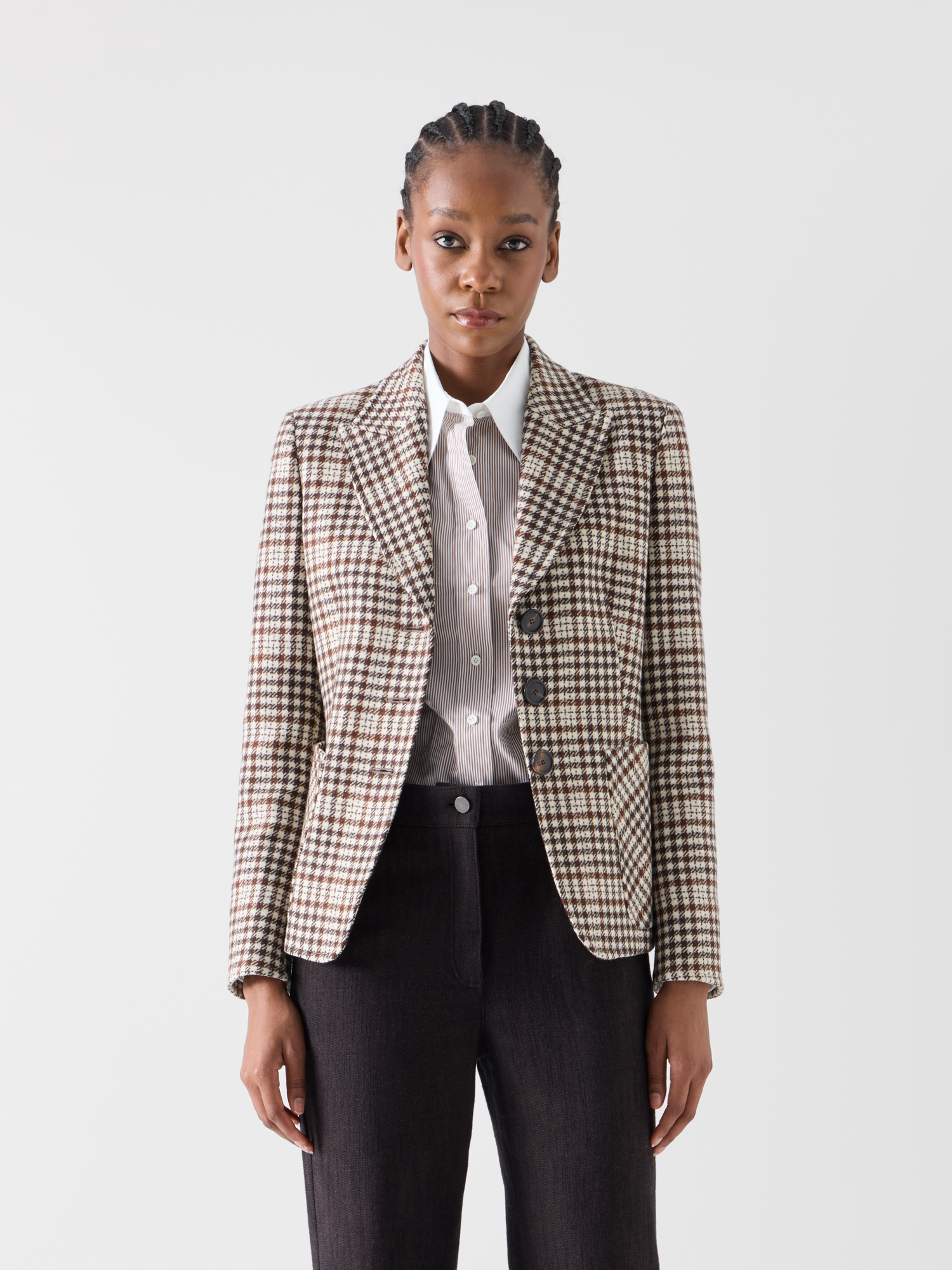 Designer Taillierte Jacke aus kariertem Tweed - Bunt - Braun 