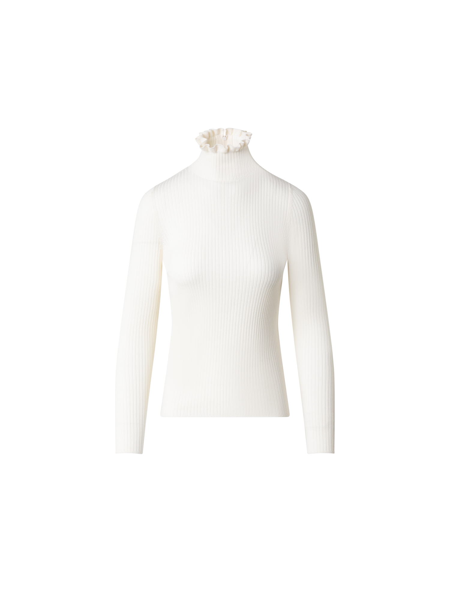 Designer Merino Strickpullover mit Rüschen-Rollkragen - Ecru - Weiss