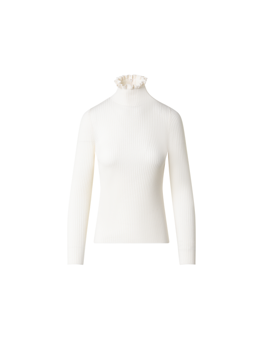 Designer Merino Strickpullover mit Rüschen-Rollkragen - Ecru - Weiss