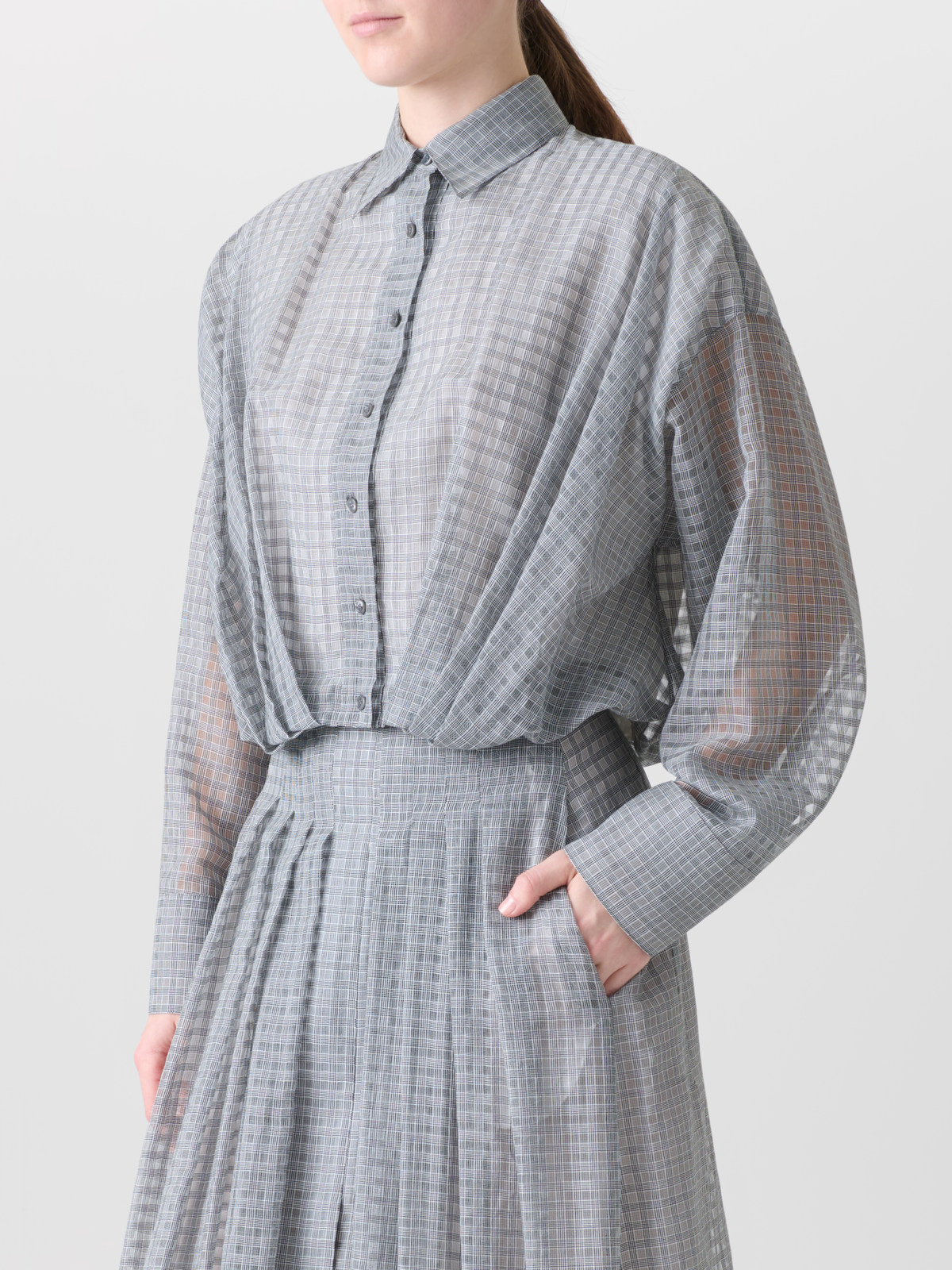 Designer Semi-Transparente Bluse mit plissierter Taille - Schwarz - Grau - Bunt