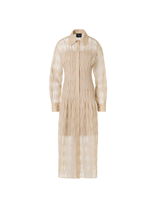 Designer Midi-Hemdblusenkleid mit High Plains Stickerei auf Tüll - Beige