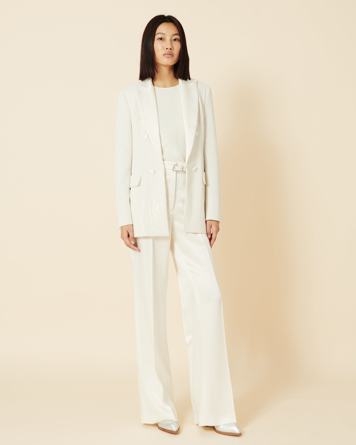 Designer Langer Pailletten-Blazer mit Satinrevers - Ecru - Weiss #editorial