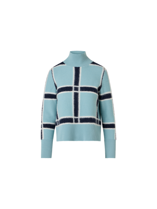 Designer Wolle-Kaschmir Pullover mit Intarsia-Karo - Blau