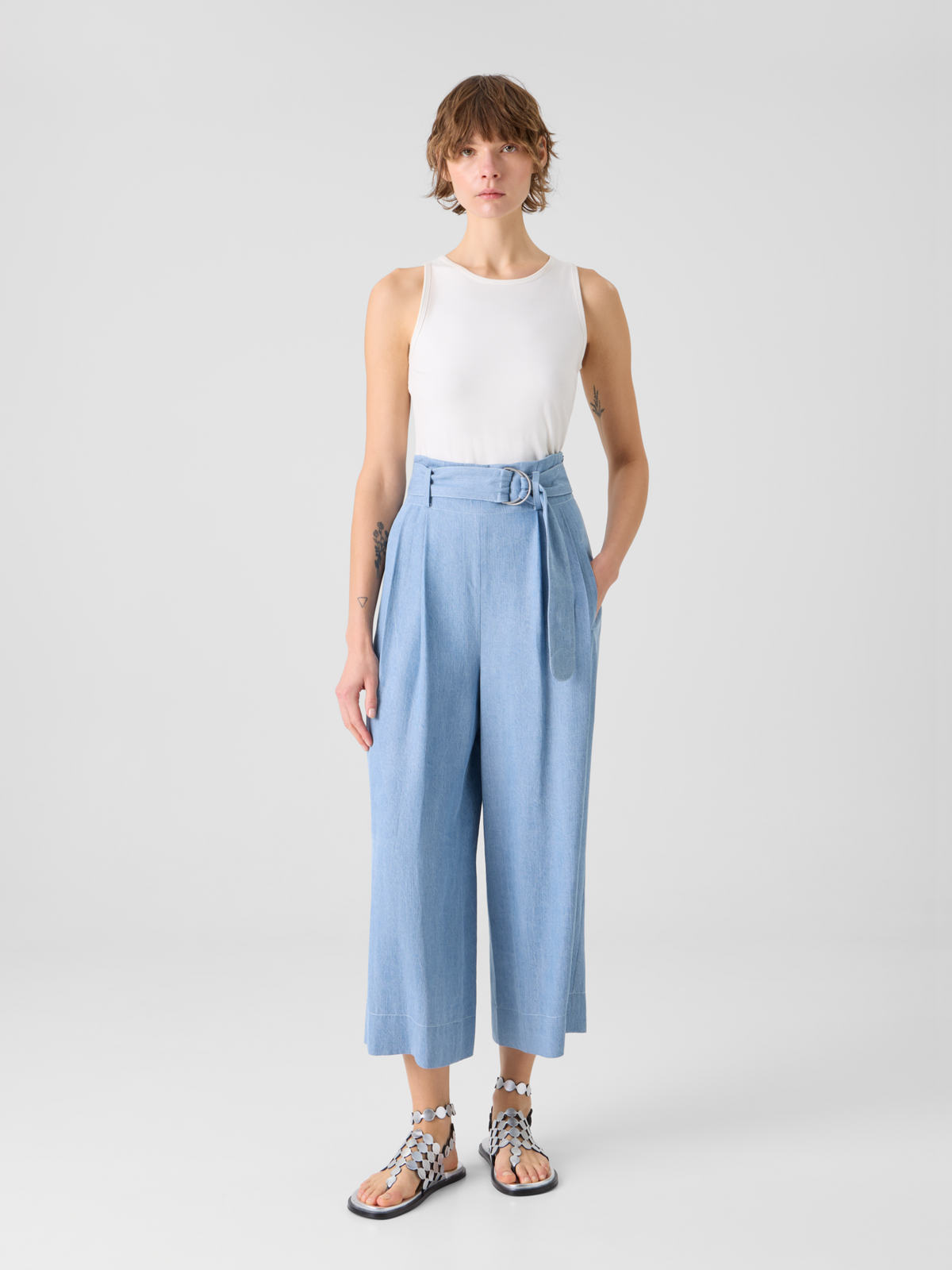 Designer Fiorella plissierte Denim-Culotte mit weitem Bein - Blau