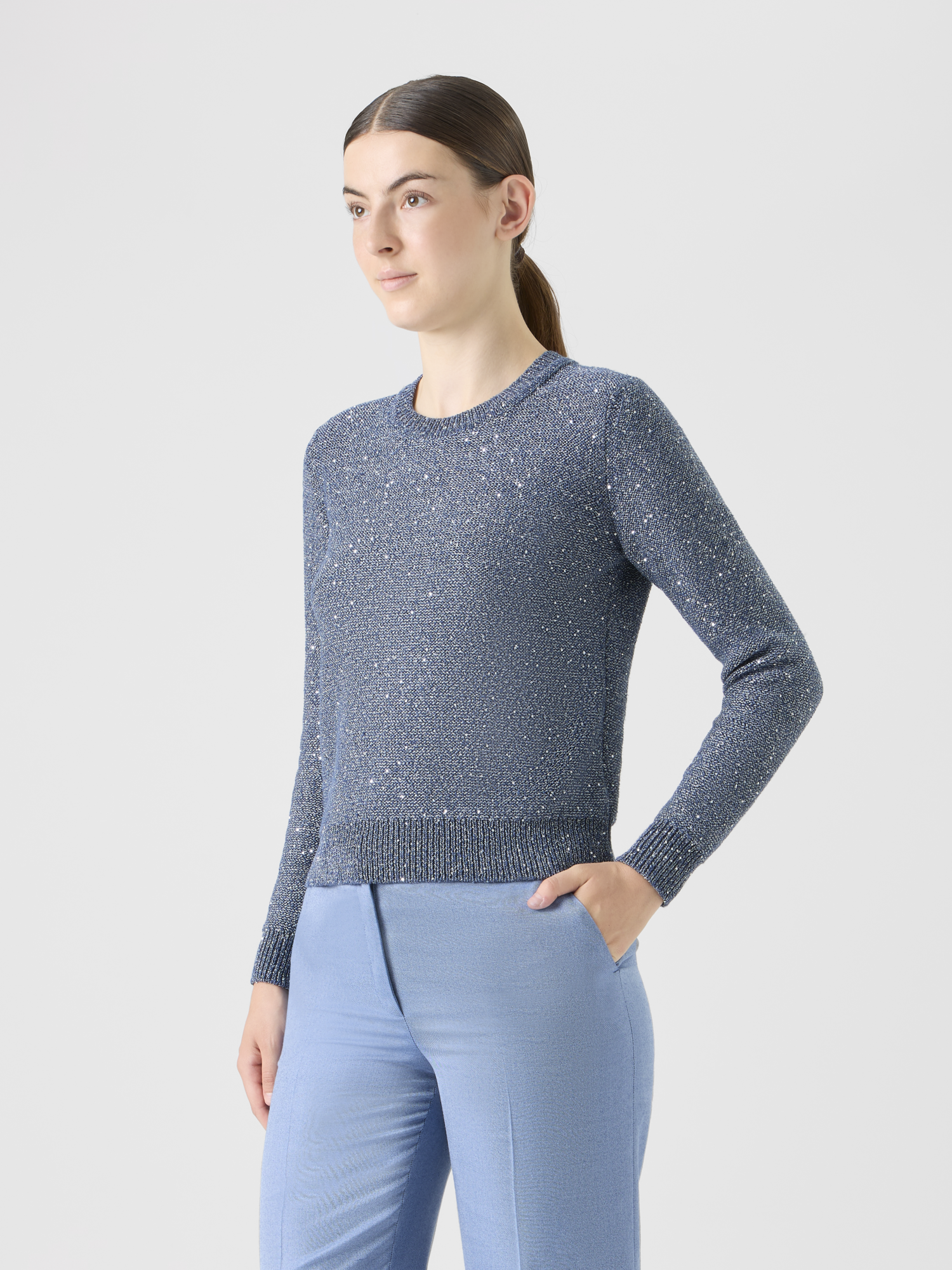 Designer Strickpullover aus Leinen-Baumwolle mit Mikropailletten - Blau 