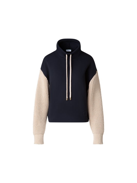 Designer Jersey-Hoodie mit Strickärmeln - Dunkelblau - Blau - Bunt - Beige