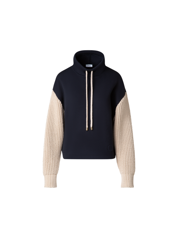 Designer Jersey-Hoodie mit Strickärmeln - Dunkelblau - Blau - Bunt - Beige