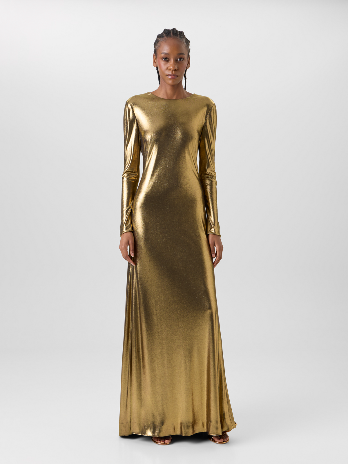 Designer Robe aus Lamé-Jersey mit offenem Rücken und Knoten - Gold 