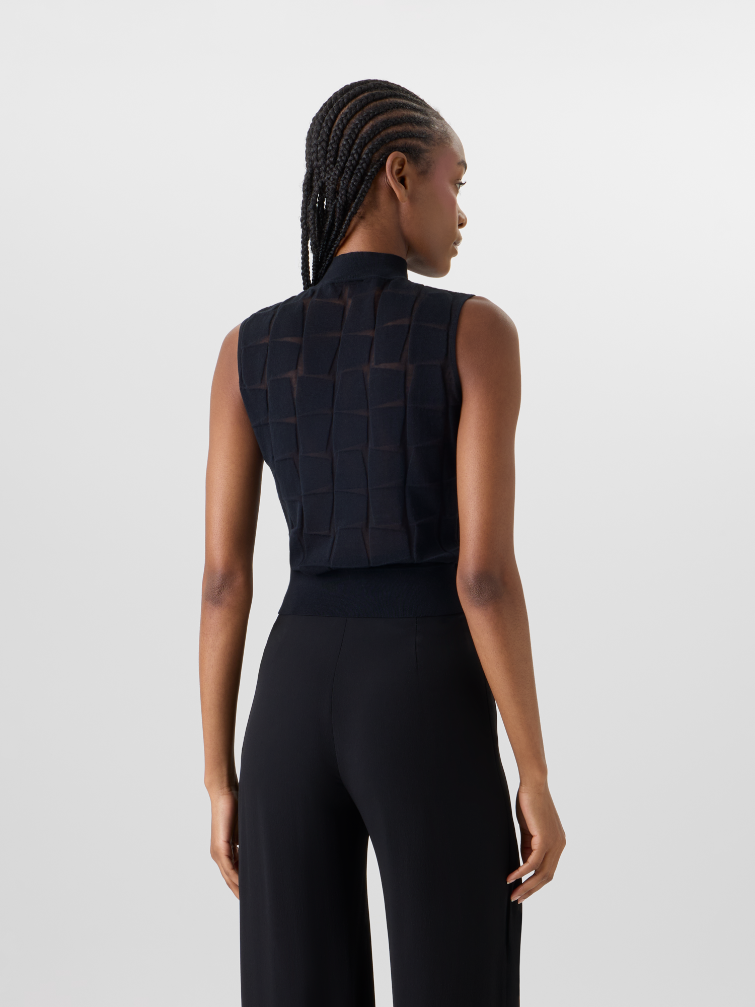 Designer Ärmelloses Stricktop aus tonalem Trapez-Jacquard - Schwarz 