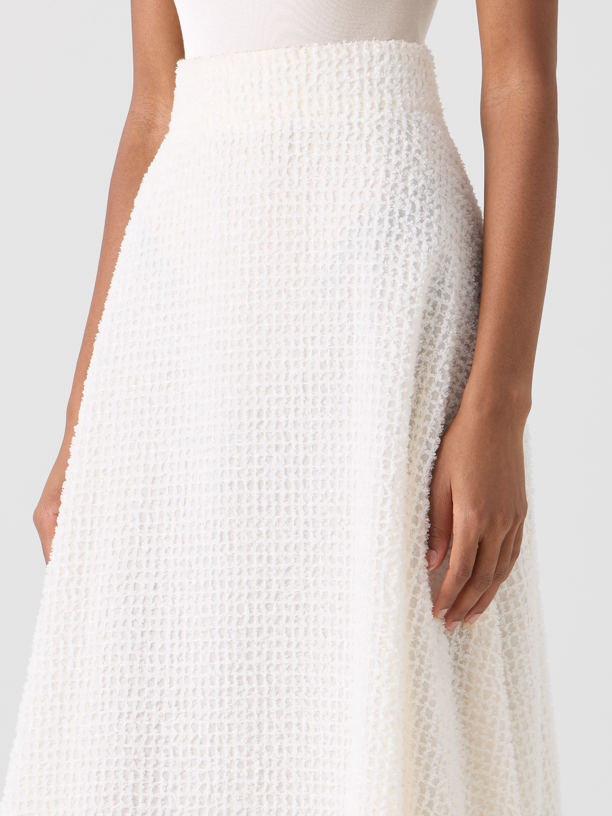 Designer Ausgestellter Midirock aus Fransen-Gitter - Ecru