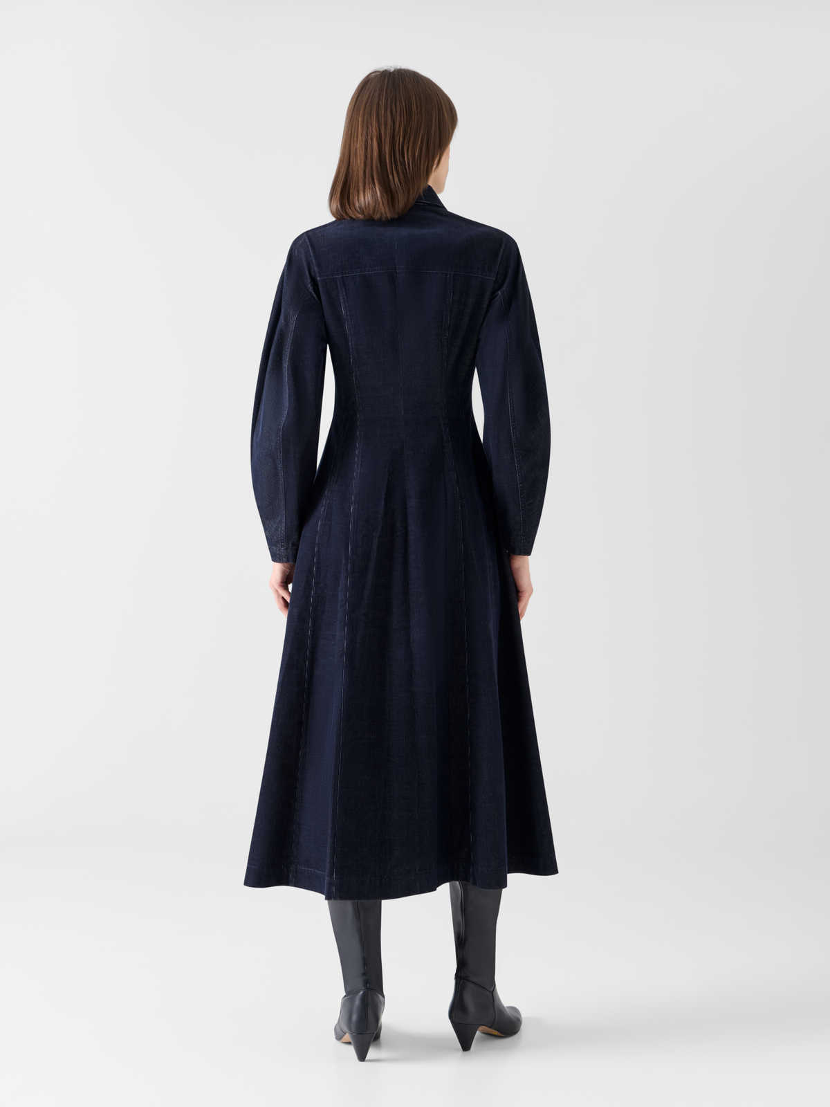 Designer Fit-and-Flare Midikleid aus Changeant-Mikrocord - Dunkelblau 