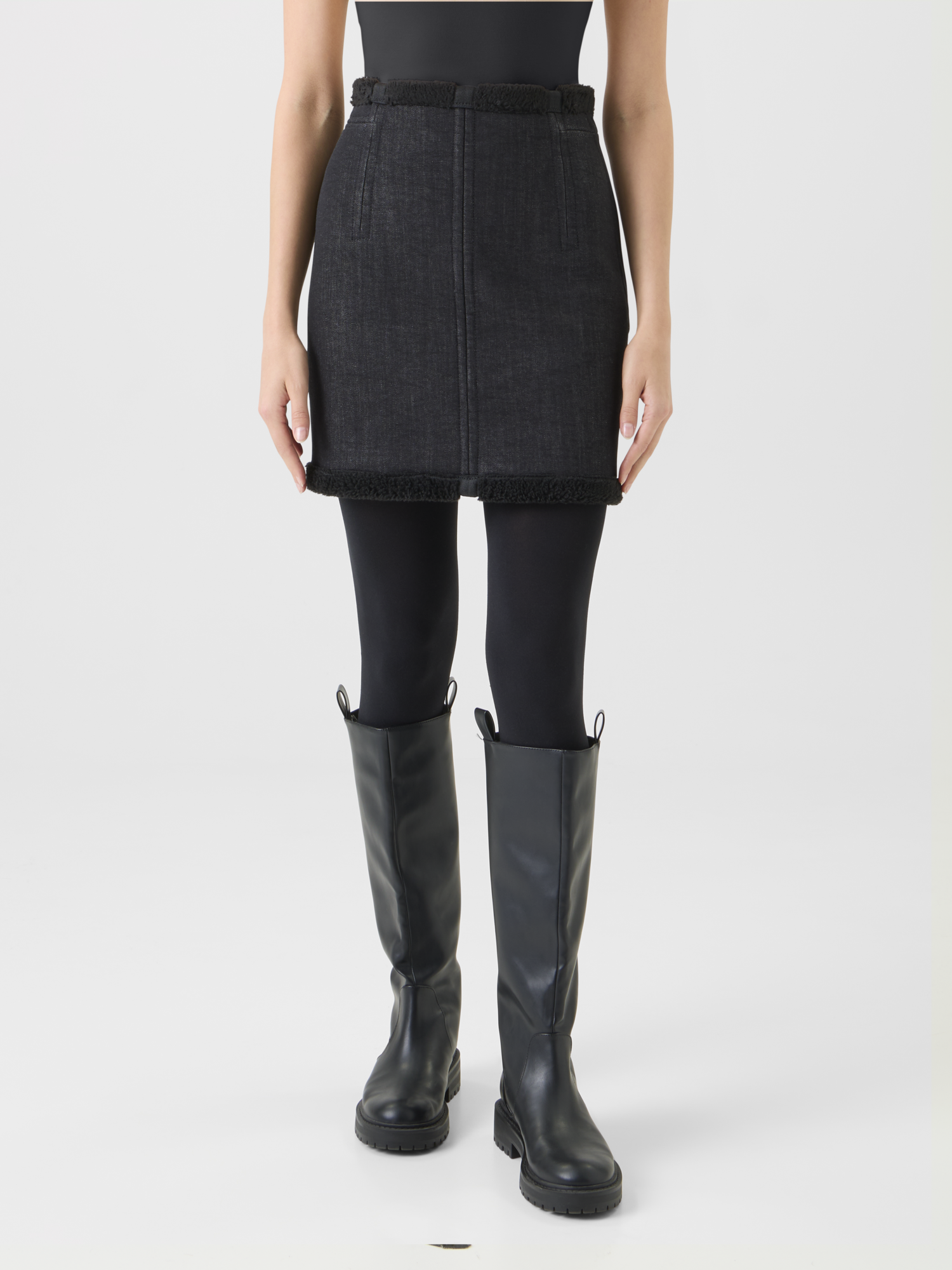 Designer Baumwoll Denim & Fellimitat Minirock - Schwarz 