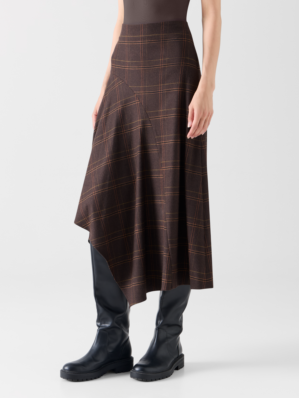 Designer Karierter Midirock aus Flanell mit Zipfelsaum - Braun #editorial